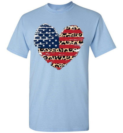 Leopard Heart American Flag Tee Shirt Graphic Top