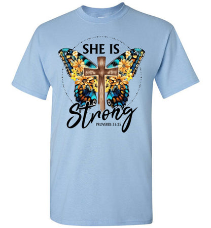 She Is Strong Butterfly Cross Christian Tee Shirt Top T-Shirt