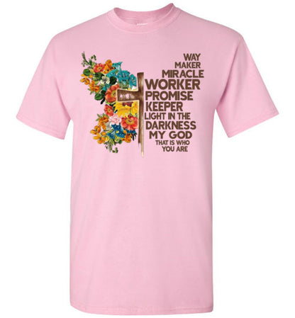 Way Maker Miracle Worker Promise Keeper Christian Cross Tee Shirt Top