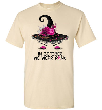 In October We Wear Pink Breast Cancer Awareness Witch Halloween Tee Shirt Top T-Shirt