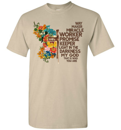 Way Maker Miracle Worker Promise Keeper Christian Cross Tee Shirt Top