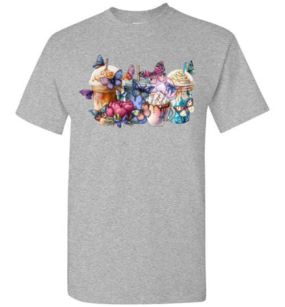 Whimsical Butterfly and Coffee Cups Graphic Tee Shirt Top T-Shirt