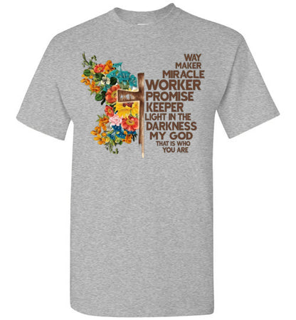 Way Maker Miracle Worker Promise Keeper Christian Cross Tee Shirt Top