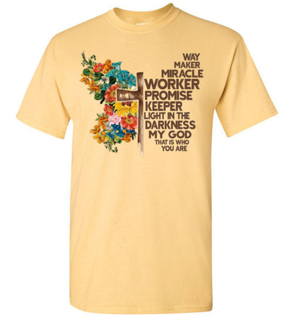 Way Maker Miracle Worker Promise Keeper Christian Cross Tee Shirt Top