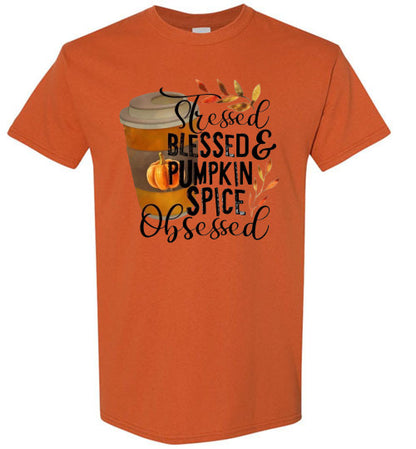 Stresses Blessed and Pumpkin Spice Obsessed Graphic Fall Tee Shirt Top