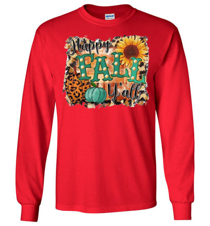Happy Fall Y'all Long Sleeve Graphic Print Tee Shirt Top