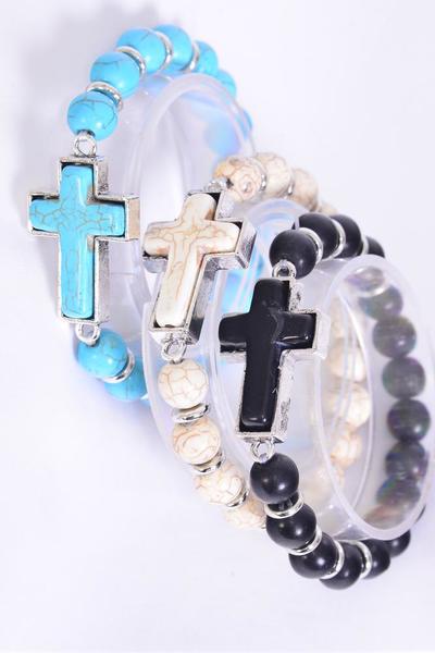 Sideway Cross 10 mm Semiprecious Stone Stretch Bracelet 27126