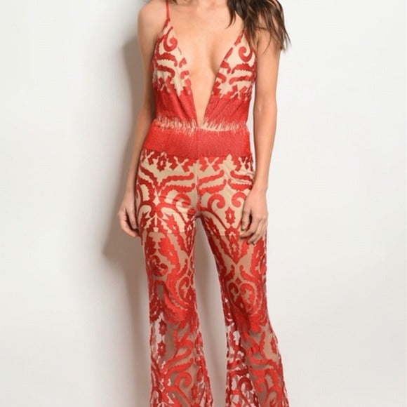 Ladies Red Nude Deep V-Neck Glam Jumpsuit