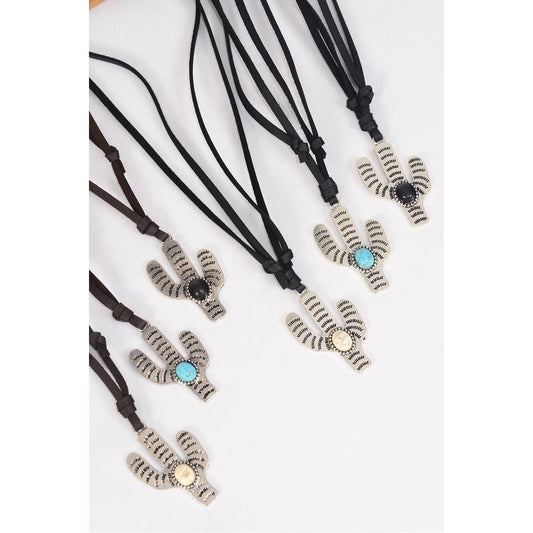 Leather Suede  Cactus Stone Necklace Jewelry 893