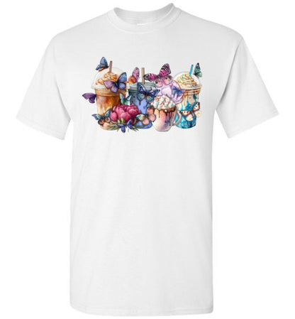 Whimsical Butterfly and Coffee Cups Graphic Tee Shirt Top T-Shirt
