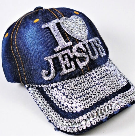 Silver Stone & Stud Bling Jesus Baseball Caps Dark Denim