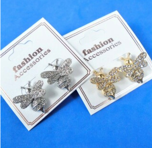 Petite Gold & Silver Cast Crystal Stone Bumble Bee Earrings 2965