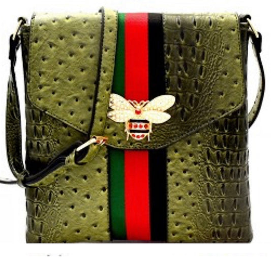 Olive Green Rhinestone Bee Charm Stripe Ostrich Cross Body