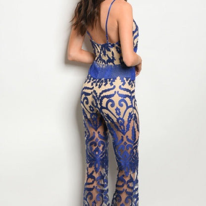 Royal Blue Nude Glam Deep V Neck Plunge Jumpsuit